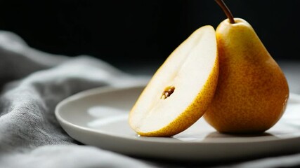 Poster - Close-up shot of a halved fruit on a white plate with a fabric background showcasing the fruit's texture and detail