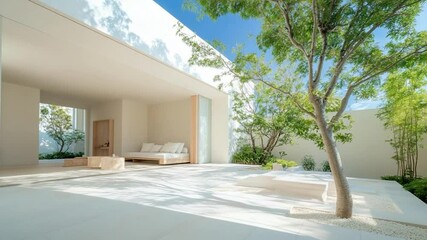 Poster - Bright minimalist outdoor space with white walls and flooring. A large tree shades the area with a lounge and greenery