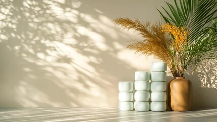Aufkleber - Aesthetic interior scene featuring neutral beige tones and sunlit shadows casting. Includes stacked objects, floral arrangements, and a warm-toned vase. Soft light enhances the peaceful ambiance