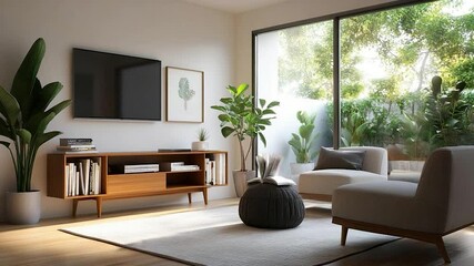 Aufkleber - Modern living room interior with wooden furniture large windows and potted plants. Featuring a TV framed art and comfortable seating with an open book on a pouf. Natural light and outdoor views
