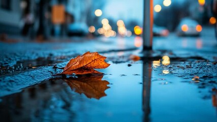 Poster - Autumn leaf in puddle reflecting street lights creating atmospheric rain scene. Wet asphalt with orange leaf and blurred background of city lights. Urban autumn scenery with rainy day mood
