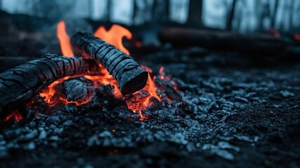 Poster - Close-up shot of a vibrant campfire with burning red flames and glowing embers against a dark forest background. Charred wood and ash provide a contrasting texture