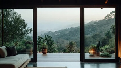 Poster - Serene view of a lush green mountain range through large glass doors, showcasing a living area with a sofa, plants, and a candlelit lantern. Soft, natural light creates a calming atmosphere