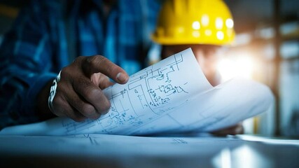 Poster - Close-up of a construction worker reviewing blueprints with a yellow safety helmet and blue shirt in a construction site. The scene is illuminated by a sunlight