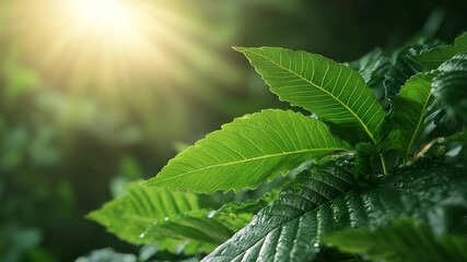 Aufkleber - Close-up of vibrant green leaves illuminated by a bright sunburst creating a serene natural backdrop