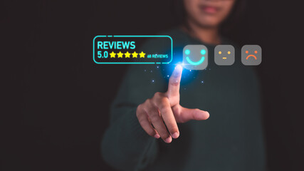 Fototapete - Customer select a happy face icon on digital feedback. Concept of customer satisfaction, testimonials, online reviews, user feedback, review rankings and service quality.