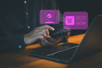 Poster - Customer uses a smartphone for secure online shopping, with digital icons showing a shield for security and a cart for instant 