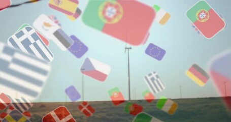 Poster - Slender wind turbines spinning on grassland field, translucent flag icons drifting across sky
