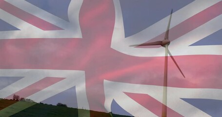 Poster - Wind turbine spinning on hilltop, overlaying Union Jack flag in animated flat design scene
