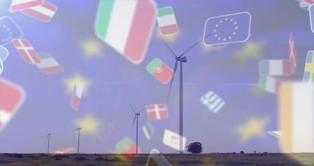 Poster - Renewable energy being visualized on plain with wind turbines spinning, EU flags and stars floating