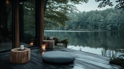 Poster - Peaceful lake view with cabin-style wooden deck and wooden stumps. Gray floor pillow with lit candles and scenic views of water and forest