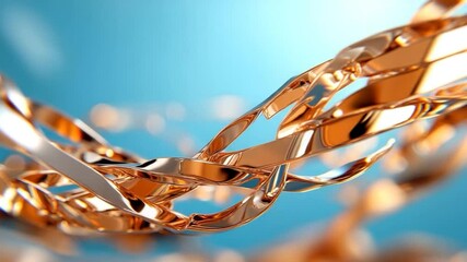 Poster - Close-up of flowing golden ribbons against a soft focus blue background creating an abstract visual. Metallic textures and reflective surfaces create a sense of elegance and fluidity