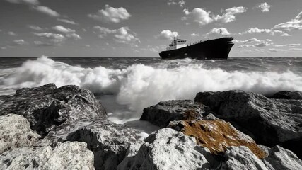 Aufkleber - Black and white video of a ship on the ocean, waves crashing against rocks, moody atmosphere