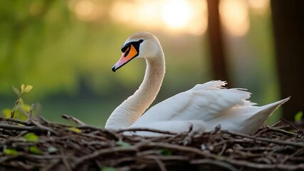 Poster - A serene bird rests in a nest of twigs against a blurred green backdrop with golden light illuminating the scene. The bird's white feathers contrast with its orange beak and black eye
