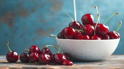 Poster - Fresh red cherries in a white bowl with a blue textured background. Water pours over the fruit creating a refreshing and vibrant scene