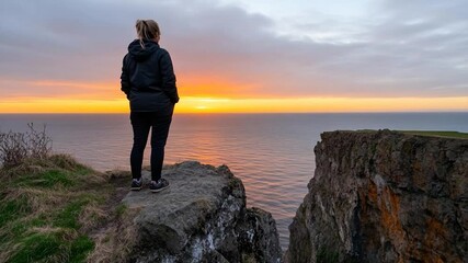 Poster - Woman in black jacket and pants standing on a cliff edge looking at the orange and yellow sunset over the sea and the horizon in an outdoor environment
