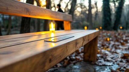 Aufkleber - Wooden bench with a warm glow of candlelight in a forest setting with person walking in the background. Autumn leaves and a peaceful atmosphere