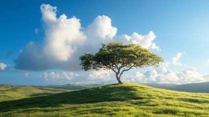 Aufkleber - A serene landscape features a lone tree atop a grassy hill under a vibrant blue sky dotted with fluffy white clouds. The scene captures a sense of peace and natural beauty