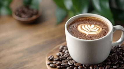 Poster - Close-up of coffee art in a white mug on wooden tray with coffee beans. Green leaves in the background add a natural contrast