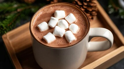 Poster - Warm chocolate drink with marshmallows in a mug on a wooden tray adorned with pine sprigs and a pinecone providing a cozy festive atmosphere