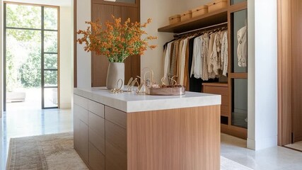 Aufkleber - Elegant walk-in closet interior featuring wooden cabinets a marble countertop island with decorative items and orange flower arrangement Clothes hang in the closet and through the window