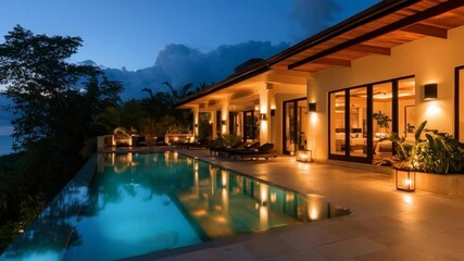 Poster - Evening scene of luxury villa with infinity pool reflecting sky elegant patio with ambient lighting and serene atmosphere