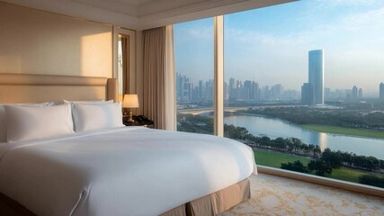 Poster - Luxurious hotel room interior with a large bed facing a panoramic window overlooking a city skyline and river during the day. Soft light and neutral tones create a relaxing atmosphere