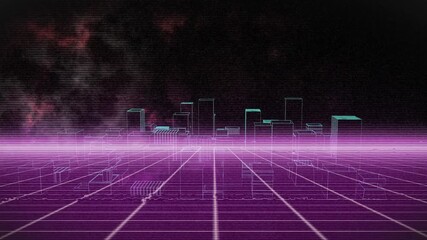 Poster - Neon wireframe cityscape rendering in retro-futuristic grid, featuring cyan and magenta outlines