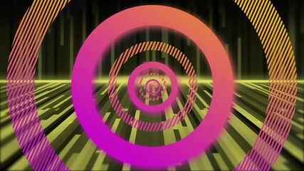 Poster - Concentric gradient rings floating in digital scene, showing striped segments and neon grid bars
