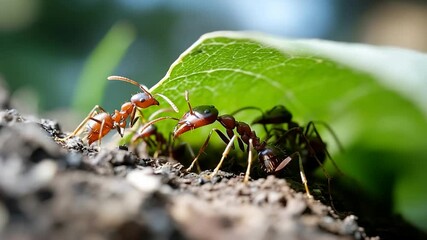 Poster - Close-up shot of ants on a tree trunk under a green leaf. The ants appear red and dark with detailed textures