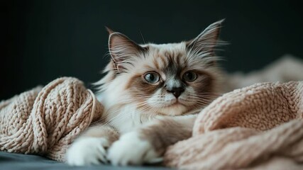 Poster - Close up portrait of a fluffy cat with blue eyes nestled amidst warm neutral-toned blankets and knitted textures against a dark background