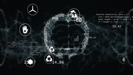 Poster - Fragmented brain network floating in grid interface, showing sustainability icons and code snippets