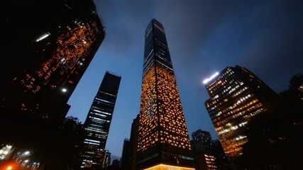 Poster - Low angle of illuminated skyscrapers against a twilight sky trees and buildings. Modern architecture with glowing lights and dark shadows during night