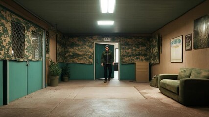 Poster - Interior shot of a room with camouflage accents and a person in a dark jacket squatting on the floor. Includes a sofa, plants, and framed artwork