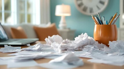 Poster - Scattered crumpled paper on a desk with laptop and pencils in orange jar. Soft lighting creates a relaxed interior scene with focus on disarray and potential stress