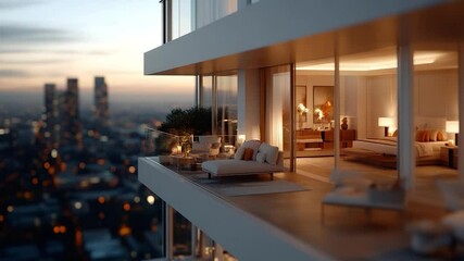 Poster - Luxurious penthouse apartment overlooking a city skyline at dusk featuring balcony furniture and interior lights with city view