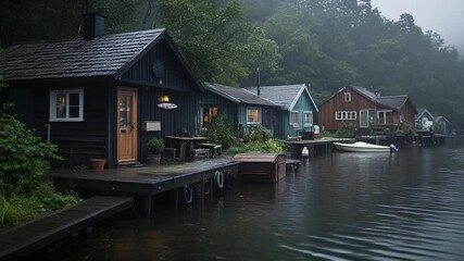 Poster - Lakeside houses nestled on wooden docks with a tranquil water. Mist hangs in the air among lush trees creating a serene atmosphere