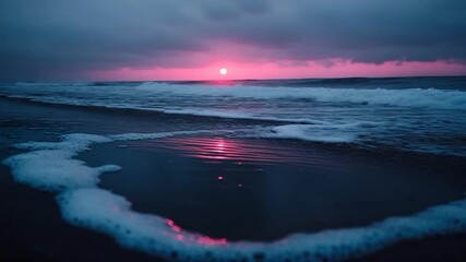 Poster - Serene ocean sunset with pink and blue hues foamy water along the shoreline. The sun reflects on the wet sand creating a tranquil atmosphere