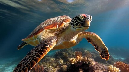 Poster - Underwater view of an animal swimming gracefully above a coral reef in clear blue water. The animal's shell is patterned with shades of brown and orange