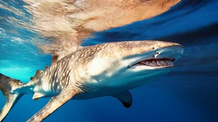 Poster - Underwater shot of a large sea animal swimming in deep blue water with sun reflection on the surface above highlighting a mesmerizing aquatic scene. Features the magnificent animal