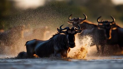 Aufkleber - A animal splashes through water creating droplets under the golden light in front of a herd during a river crossing scene