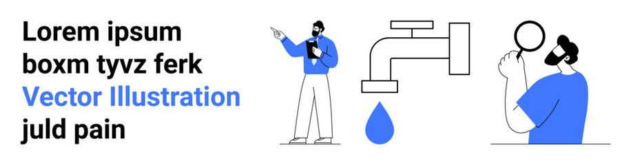 Poster - speaker pointing at text during a presentation, individual analyzing water leakage. ideal for educat