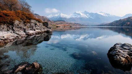 Poster - Scenic landscape featuring a tranquil lake with crystal-clear water and rocky shores reflecting snow-capped mountains and blue sky in the background