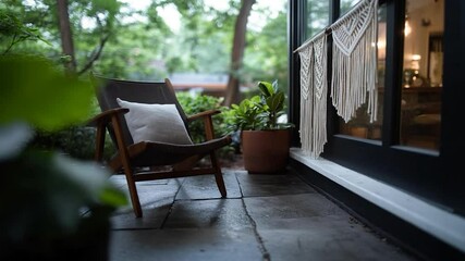 Poster - Outdoor scene featuring a dark chair with a white pillow and potted plants near a window with decorative hanging. Green foliage and soft lighting create a peaceful atmosphere