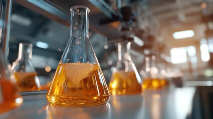 Leinwandbilder - Laboratory scene featuring several flasks with orange liquid and bubbling, lit with warm sunlight and depth of field effect