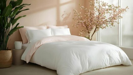 Aufkleber - Bedroom interior with white bedding a pink accent and a cherry blossom tree. Natural light floods the space. Green plants in a wicker basket add a touch of freshness