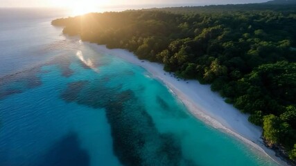 Poster - Aerial view of a tropical beach featuring vibrant turquoise waters white sand and lush green forest illuminated by a golden sunset glow creating a serene and inviting coastal scene