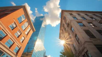 Poster - Low angle view of city buildings against a blue sky with clouds and sunlight. Urban architecture with a sunny day atmosphere