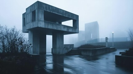 Poster - Concrete structure in misty landscape with reflections on wet pavement.  Foggy urban scene features modernist architecture  atmospheric lighting and moody aesthetic
