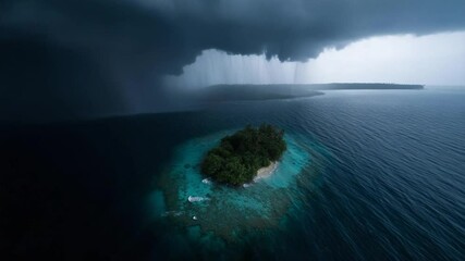 Poster - Aerial view of a tropical island with vibrant turquoise waters surrounded by deep blue ocean under a dramatic dark storm cloud and heavy rain, serene and dramatic atmosphere